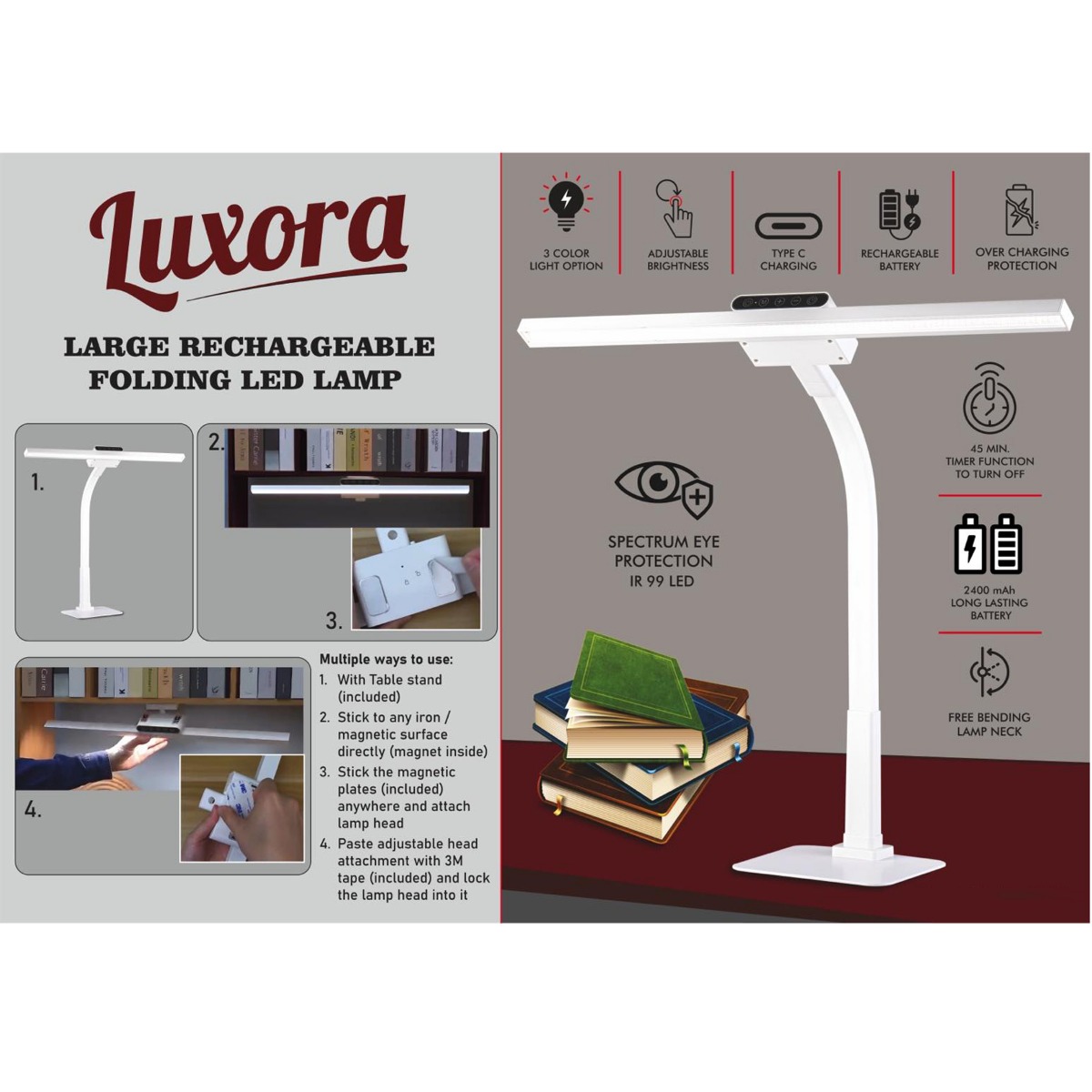 101-E400*Luxora - Large rechargeable Folding LED lamp with timer 