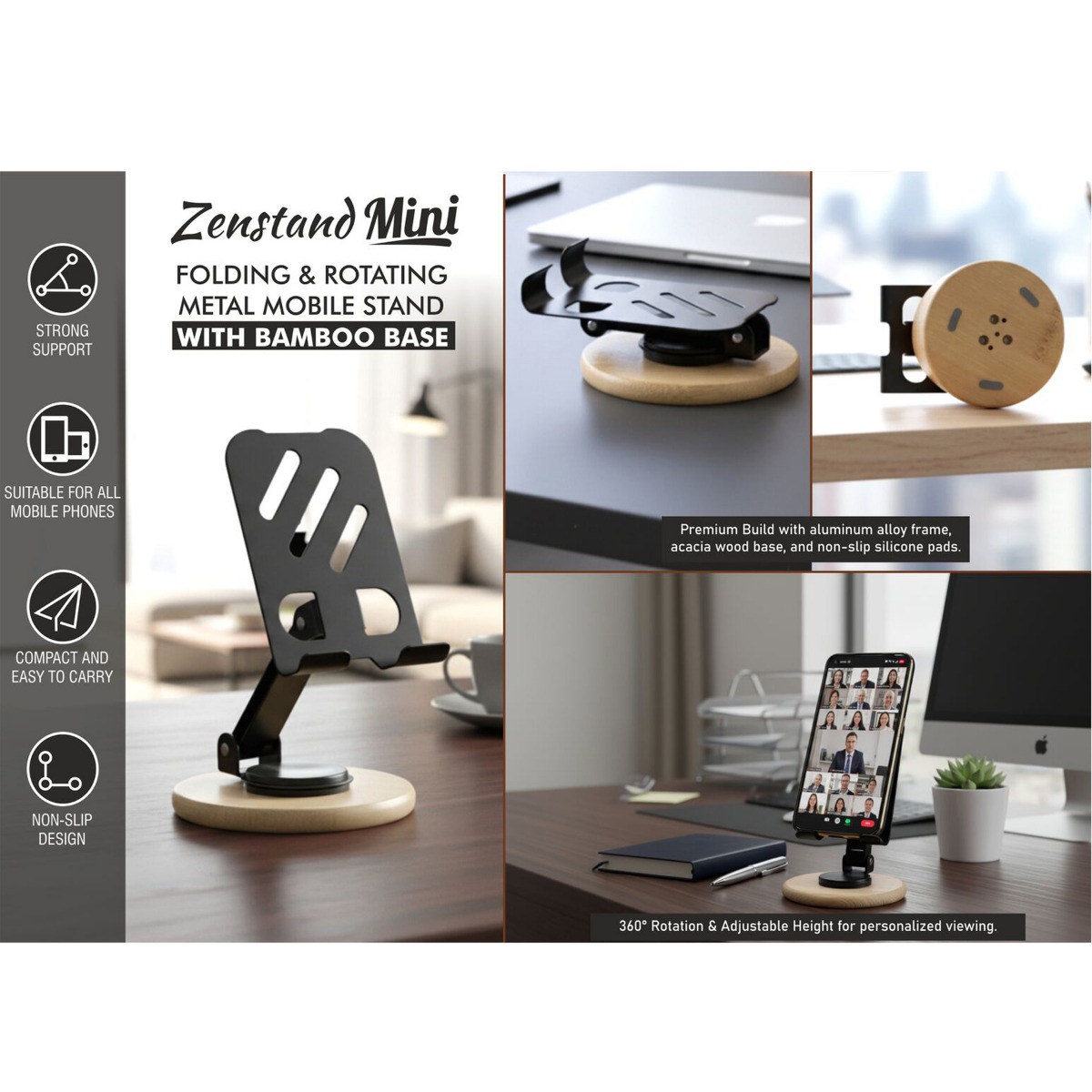 101-E420*Zenstand Max Small Folding  Rotating Metal Mobile Stand with bamboo base