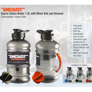 101-H151*Beast Sports gallon bottle 1.5 L with mixer ball and strainer Unbreakable Freezer safe 