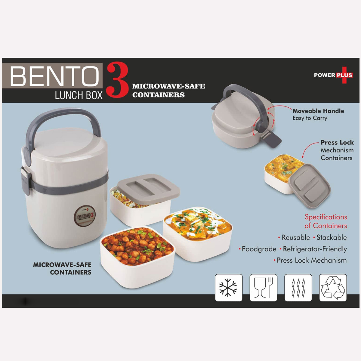 101-H154*Bento Travel Lunch box with 3 plastic containers Press Lock mechanism Square containers