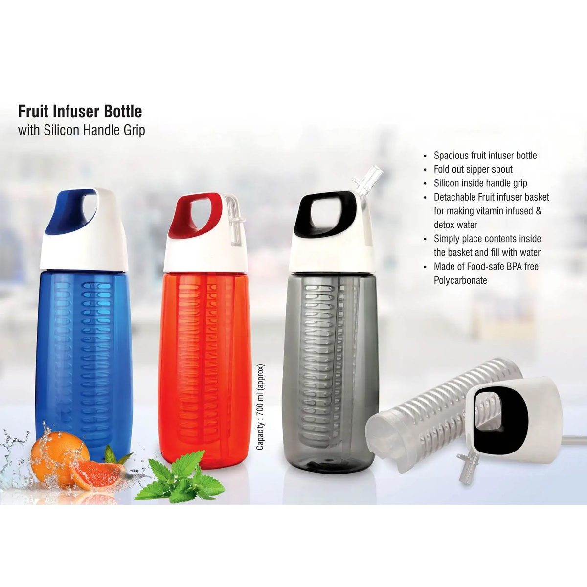 101-H167*Fruit infuser bottle with silicon handle grip 700ml approx BPA free