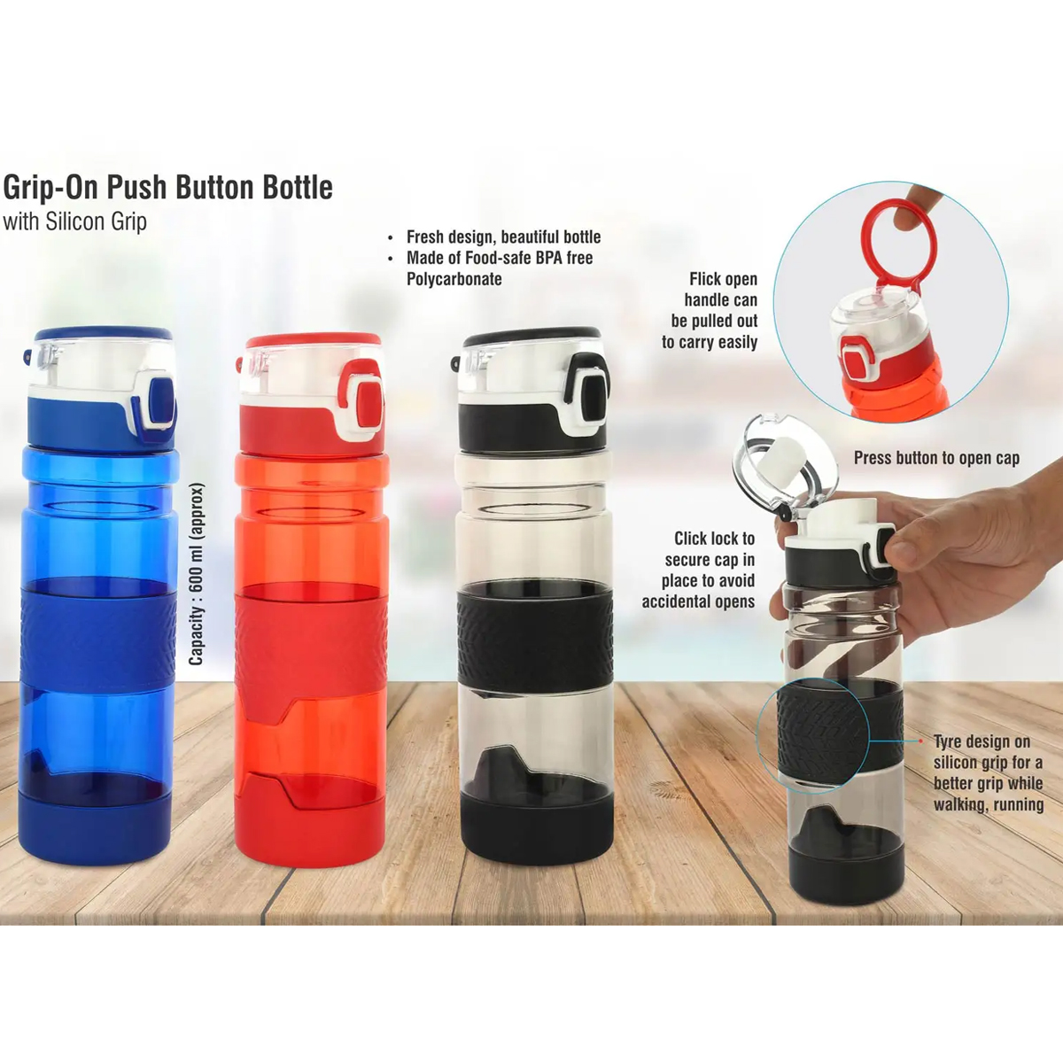101-H169*GripOn Push button bottle with silicon grip 600ml approx