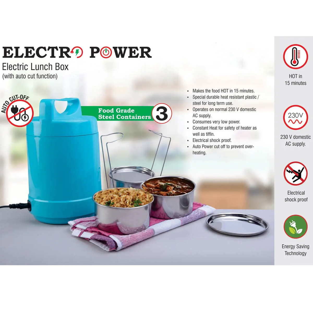 101-H183*Electro Steel 3 container electric steel lunch box with Auto cut function