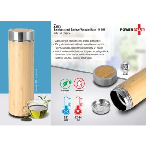 101-H191*Zen Stainless steel Bamboo Vacuum flask with Tea Strainer  Capacity 500 ml approx