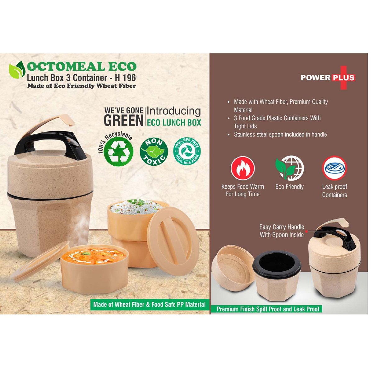 101-H196*Octomeal Eco 3 Plastic container lunch box with spoon Made from Eco friendly material 