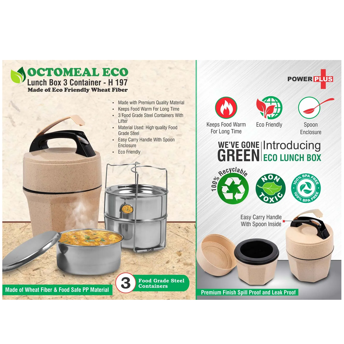 101-H197*Octomeal Eco 3 Steel container lunch box with spoon Made from Eco friendly material 