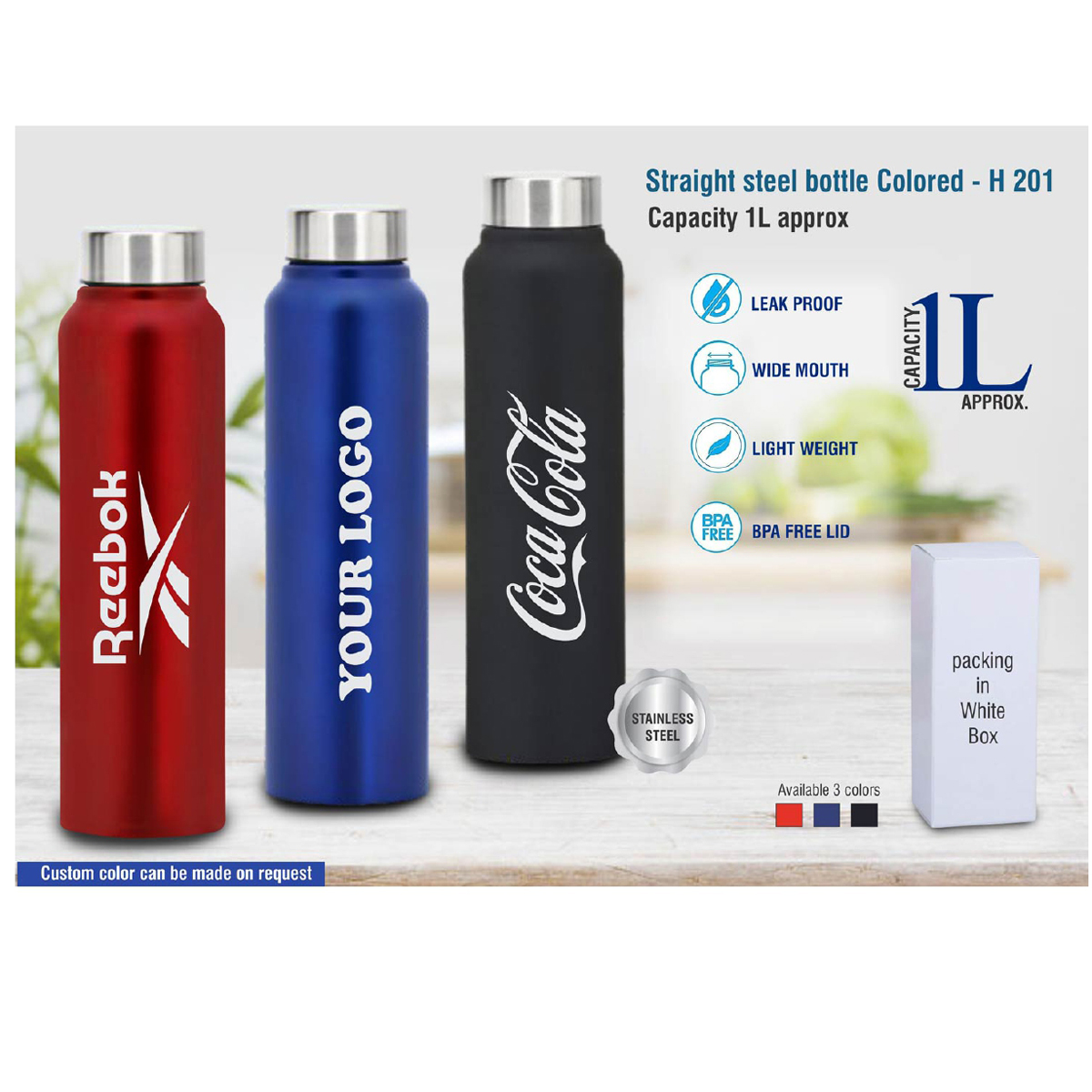 101-H201*Straight steel bottle Colored Capacity 1L approx