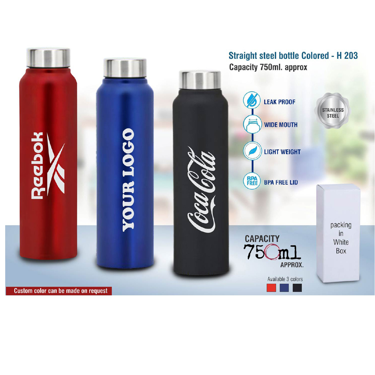 101-H203*Straight steel bottle Colored Capacity 750ml approx
