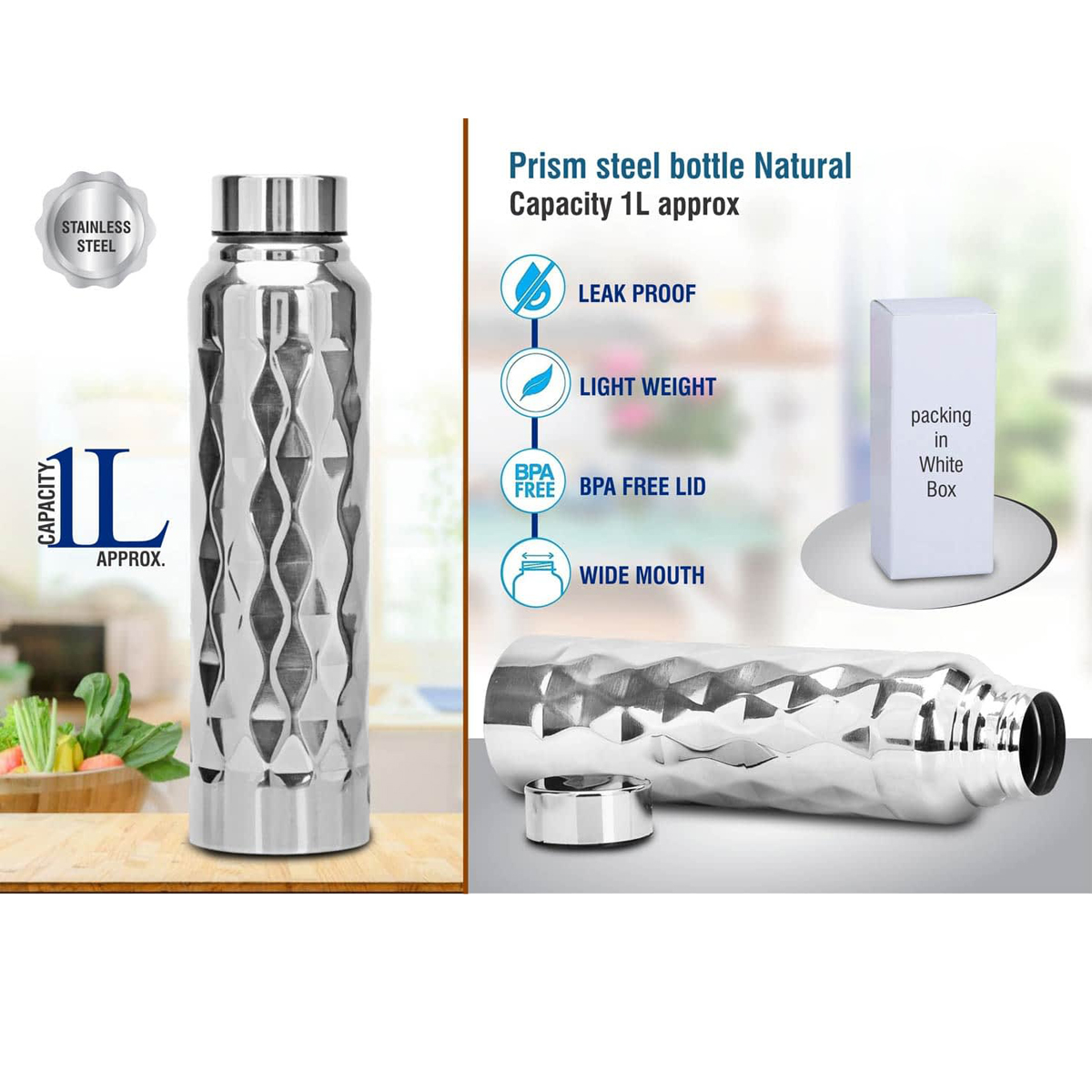 101-H204*Prism steel bottle Natural Capacity 1L approx