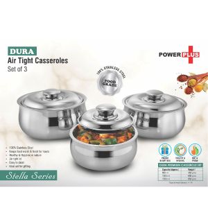 101-H211*Dura Premium Stainless steel Airtight Casserole Set of 3  Capacity 650ml 1L and 1.5L Approx