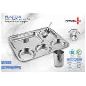 101-H212*Platter Stainless Steel Compartment plate with Premium glass and spoon  Set of 3