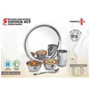 101-H213*5 pc Stainless Steel Dinner set  Set of 1 Plate 2 bowls 1 glass and 1 spoon