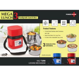 101-H225*Power Plus Mega Steel Lunch Box- 3 Stainless steel containers with lifter