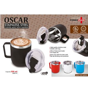 101-H227*Oscar Stainless Steel coffee mug with handle  Premium clear cap with flip top lid  Leak Proof  Capacity 350ml approx