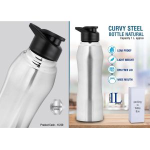 101-H230*Curvy steel bottle Natural  Capacity 1L approx