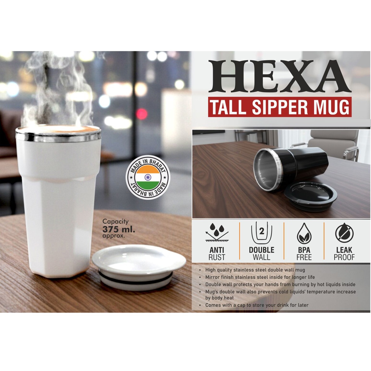 101-H234A*Hexa  Tall sipper mug with Stainless steel inside  