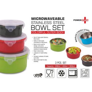 101-H236*3 pc Microwaveable Stainless Steel Bowl set  Colorful outer body 