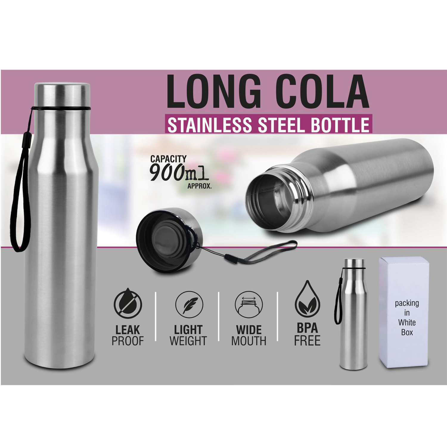 101-H240A*Long cola stainless steel bottle with carry strap Capacity 900ml approx