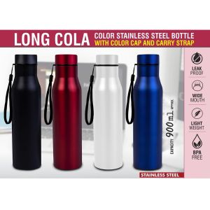 101-H241A*Long Cola Colored Stainless Steel Bottle | With Colored Cap & Carry Strap | Capacity 900ml Approx