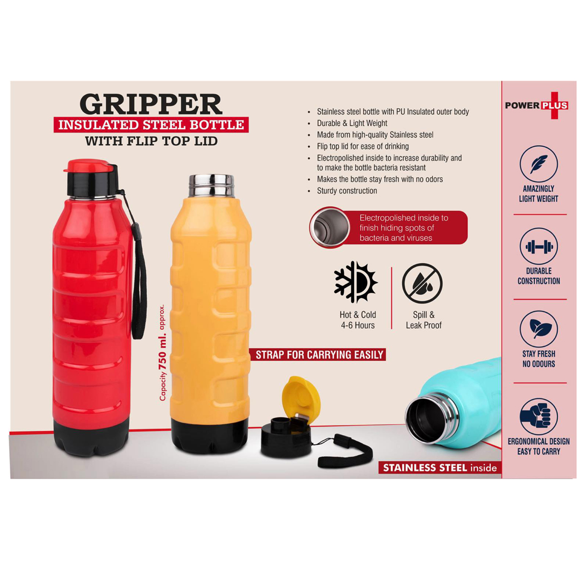 101-H243*Gripper Insulated Steel Bottle with Flip top lid Keeps Hot & Cold for 46 Hours Capacity 750 ml approx