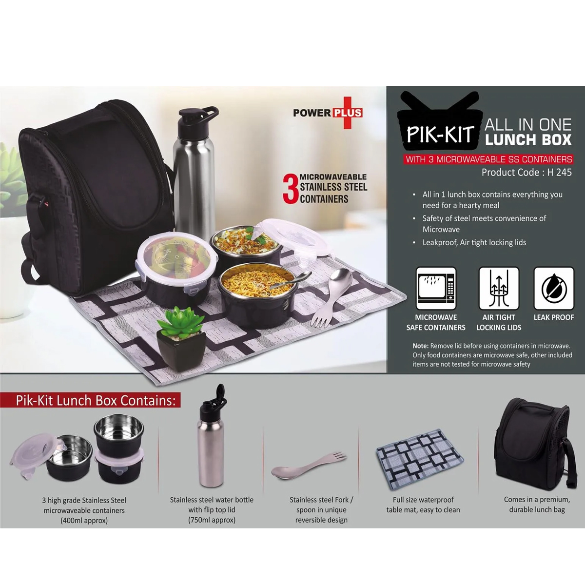 101-H245*PIKKIT All in 1 Lunch box with 3 Microwaveable SS containers Contains SS bottle Fork Spoon Tablemat Premium