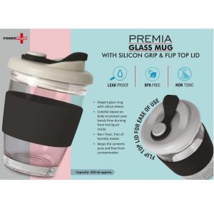 101-H246*Premia- Glass mug with Silicon grip and Flip Top lid  Capacity 350 ml