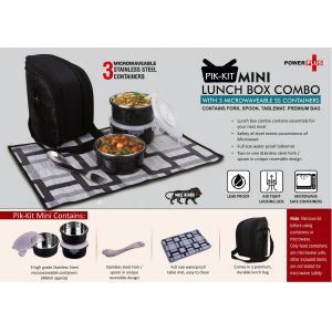 101-H250*PIK KIT mini Lunch box combo with 3 Microwaveable SS containers  Contains Fork Spoon Tablemat Premium Bag