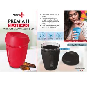 101-H256*Premia II- Glass mug with Full Silicon Sleeve and lid - Capacity -350 ml