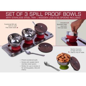 101-H258*Set of 3 Spill Proof Bowls with Stainless Steel Tray - Wooden Lids and SS Spoons included