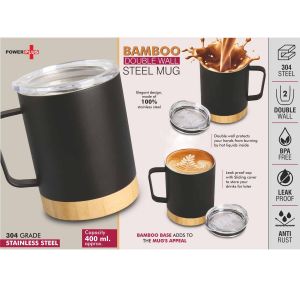 101-H265*Bamboo Double wall Steel Mug with Leakproof Lid - 304 steel inside - Capacity 400 ml approx
