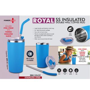 101-H267*Royal Stainless Steel Double wall coffee mug  Premium clear cap with slider lid  Leak Proof  Includes Steel Straw with Thermo insulated sleeve
