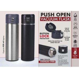 101-H273*Push open Vacuum Flask with Button lock protection  304 Grade Steel  Keeps hot for 6 7 hours  Capacity 450ml Approx