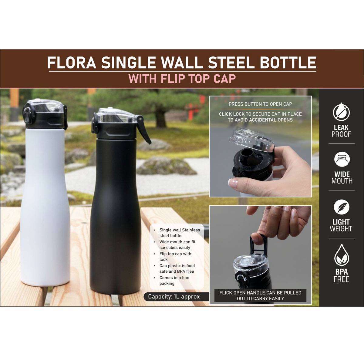 101-H282A*Flora Steel single wall bottle Colored with Flip top Cap