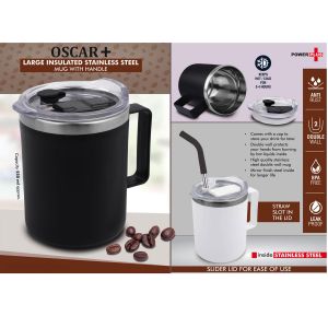 101-H287*Oscar+ Large Insulated SS coffee mug with handle  Clear cap with Slider Lid  Straw Slot in cap  Capacity 600ml approx