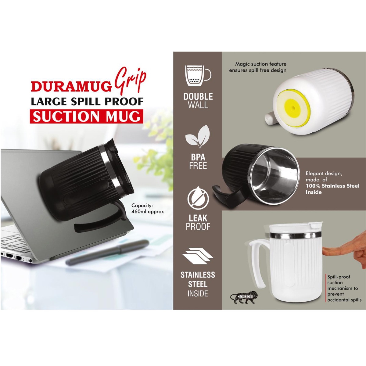 101-H316*DURAMUG GRIP- LARGE SPILL PROOF SUCTION MUG WITH FLIP TOP LID