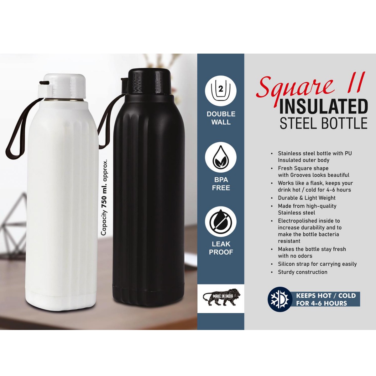 101-H318*Square II Insulated Steel Bottle Keeps Hot & Cold for 46 Hours Strap for Carrying easily Capacity 750 ml approx