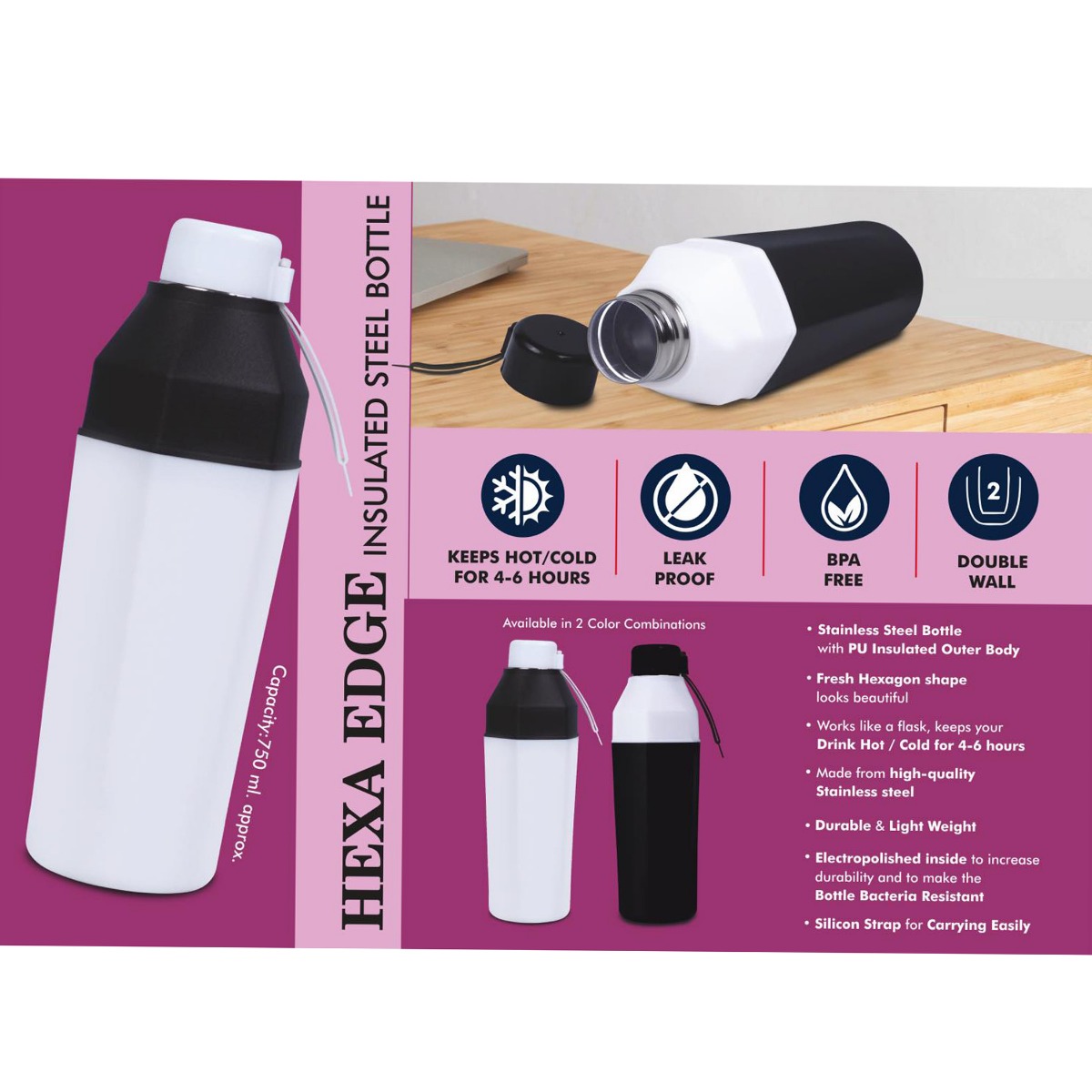 101-H319*Hexa Edge Insulated Steel Bottle Keeps Hot & Cold for 46 Hours Strap for Carrying easily Capacity 750 ml approx