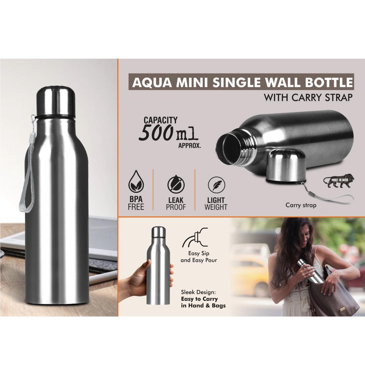 101-H324*Aqua Mini Single Wall Steel Bottle with Carry strap