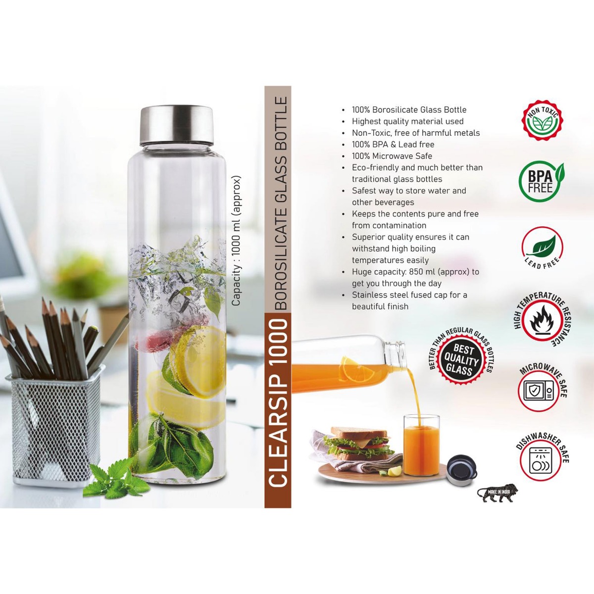 101-H325*ClearSip 1000 Borosilicate Glass Bottle with Steel cap