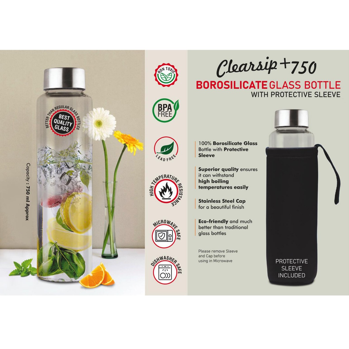 101-H326*Clear Sip 750 Borosilicate Glass Bottle with Protective Sleeve