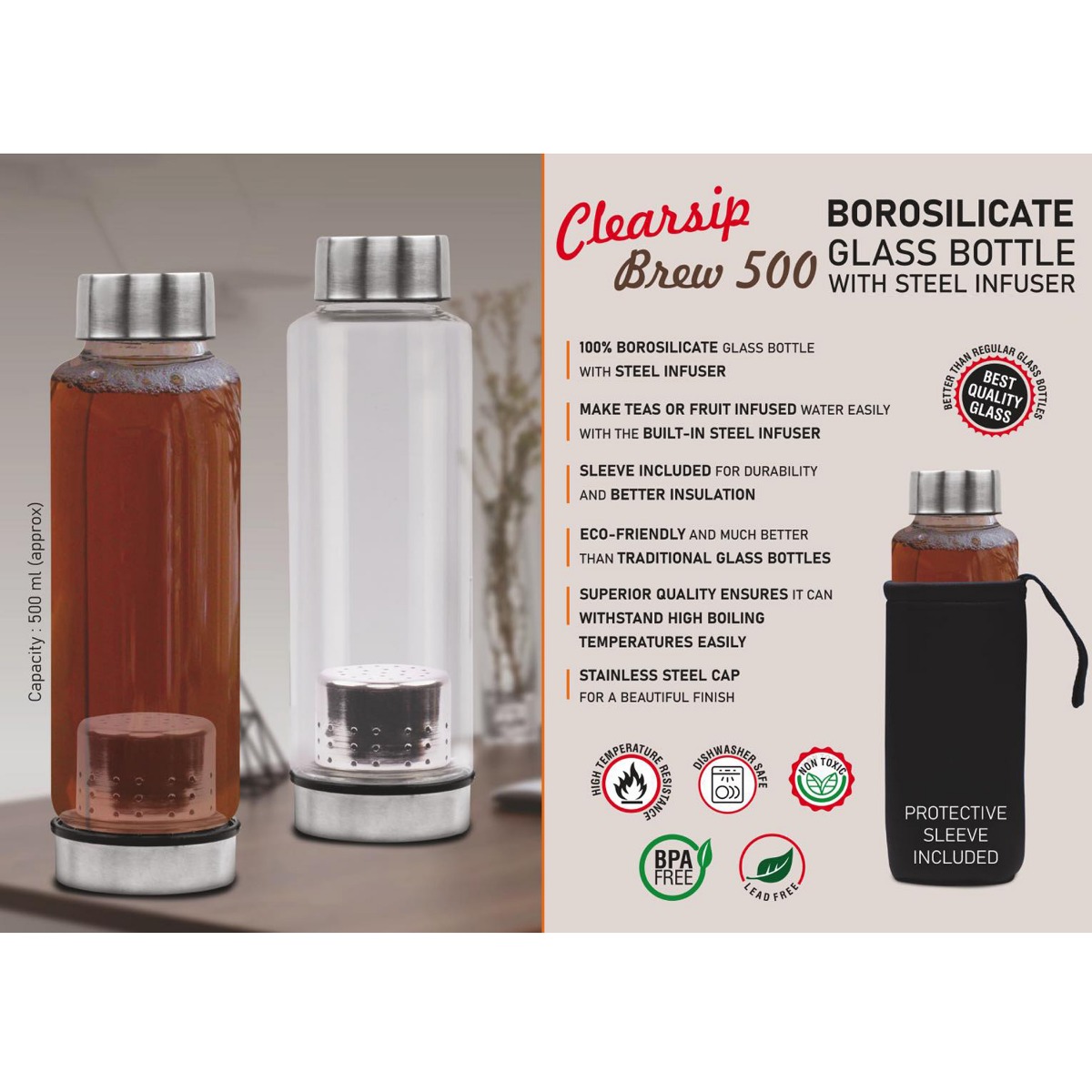 101-H327*ClearSip Brew 500 Borosilicate Glass Bottle with Steel Infuser