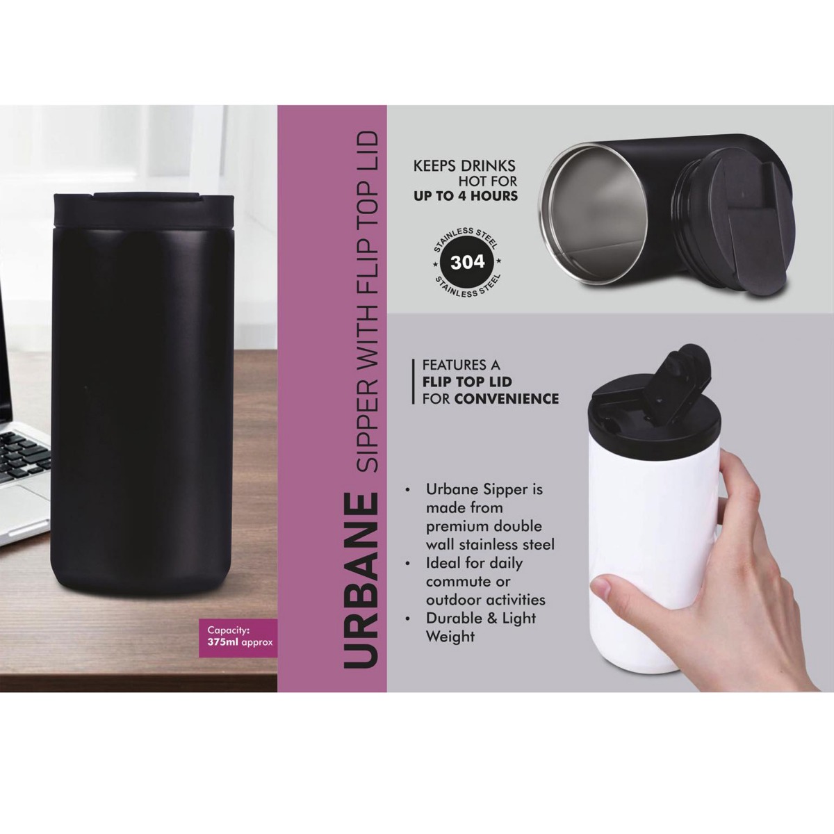 101-H329*Urbane Vacuumized mug sipper with flip top lid