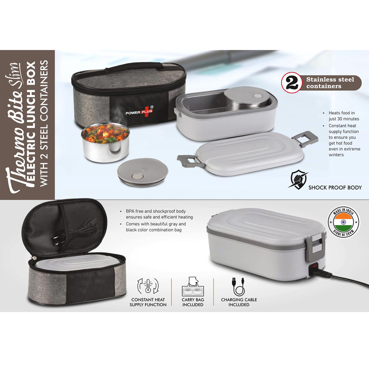 101-H338*ThermoBite Slim Electric Lunch Box with 2 Steel Containers