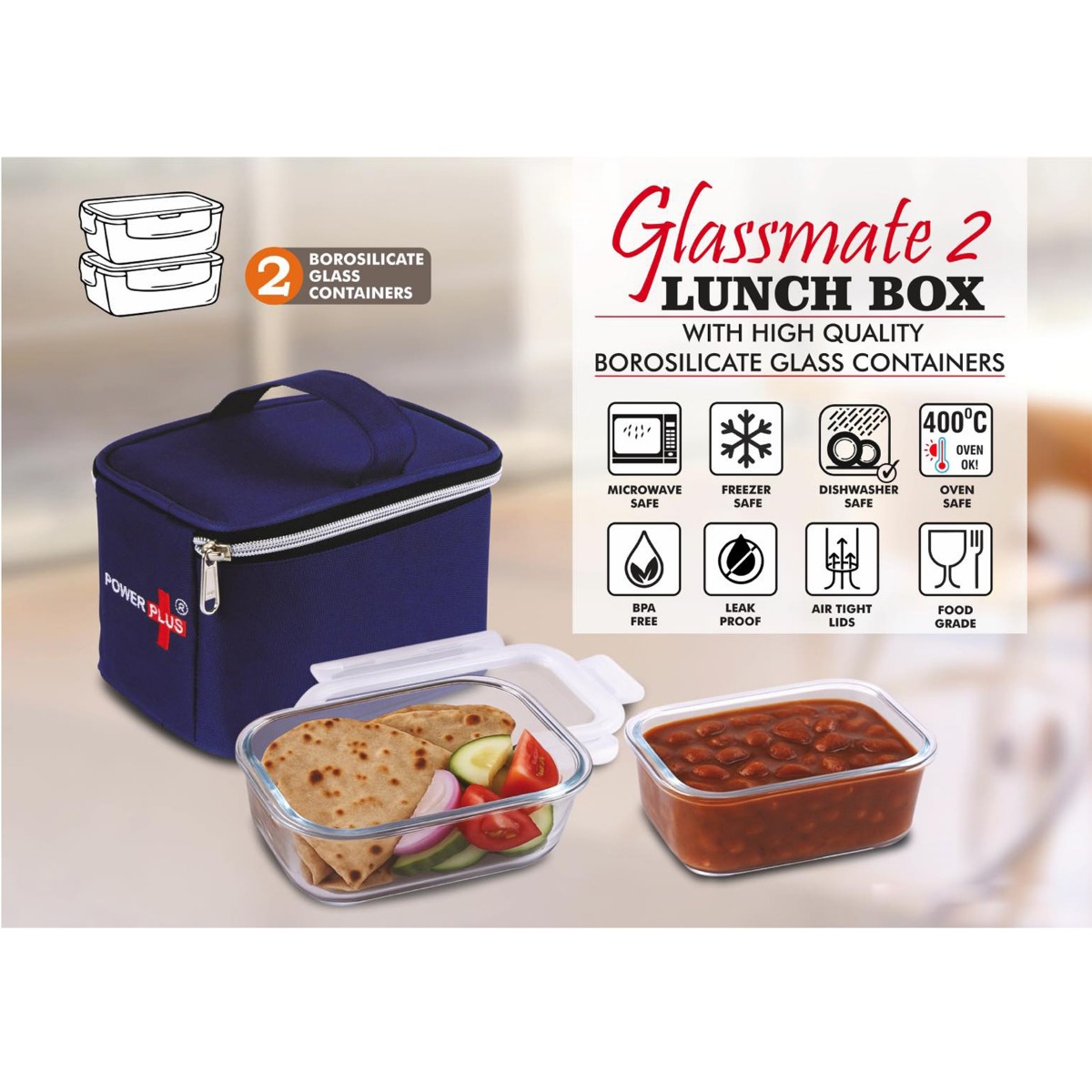 101-H343*GlassMate 2 Lunch Box Lunch box with High quality borosilicate glass Containers 2 containers