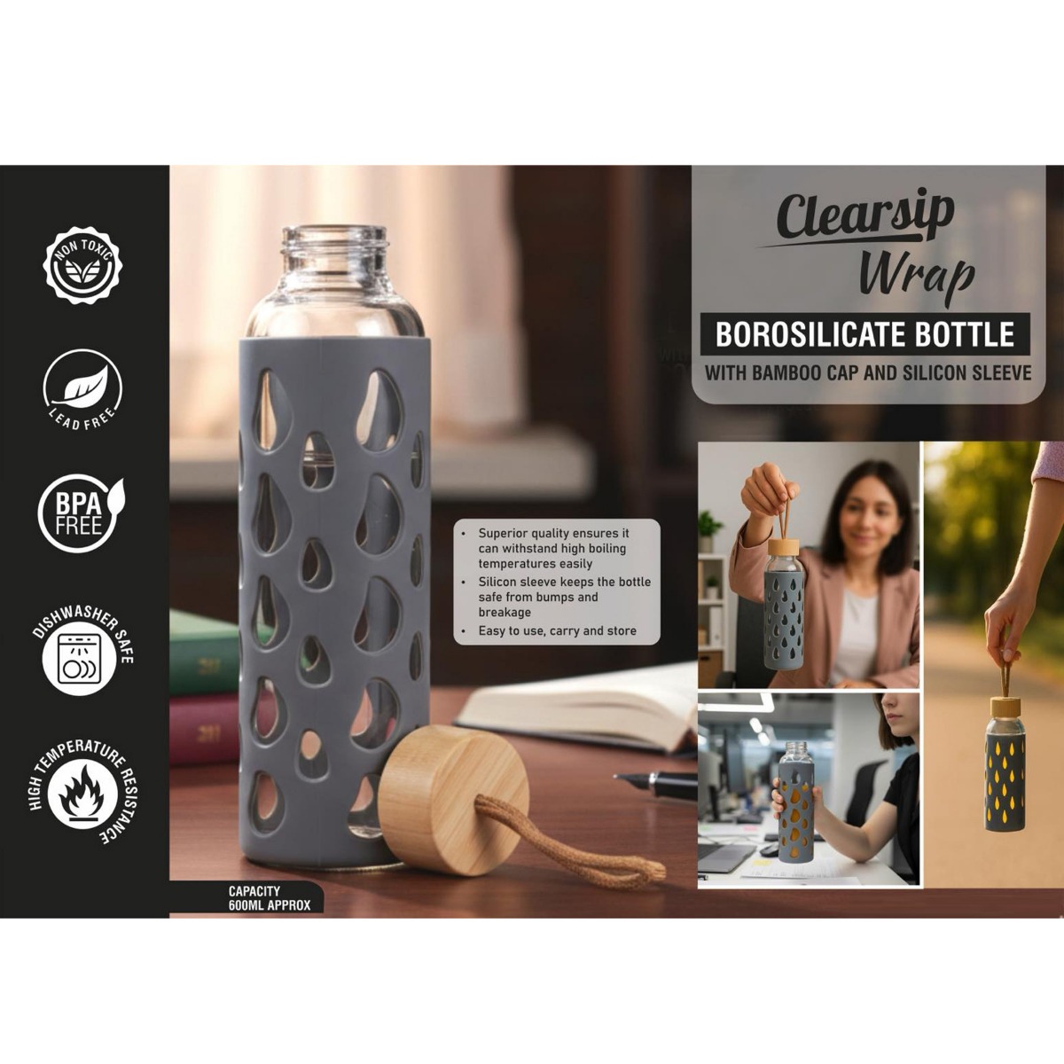 101-H351*ClearSip Wrap Borosilicate bottle with Bamboo Cap and Silicon sleeve