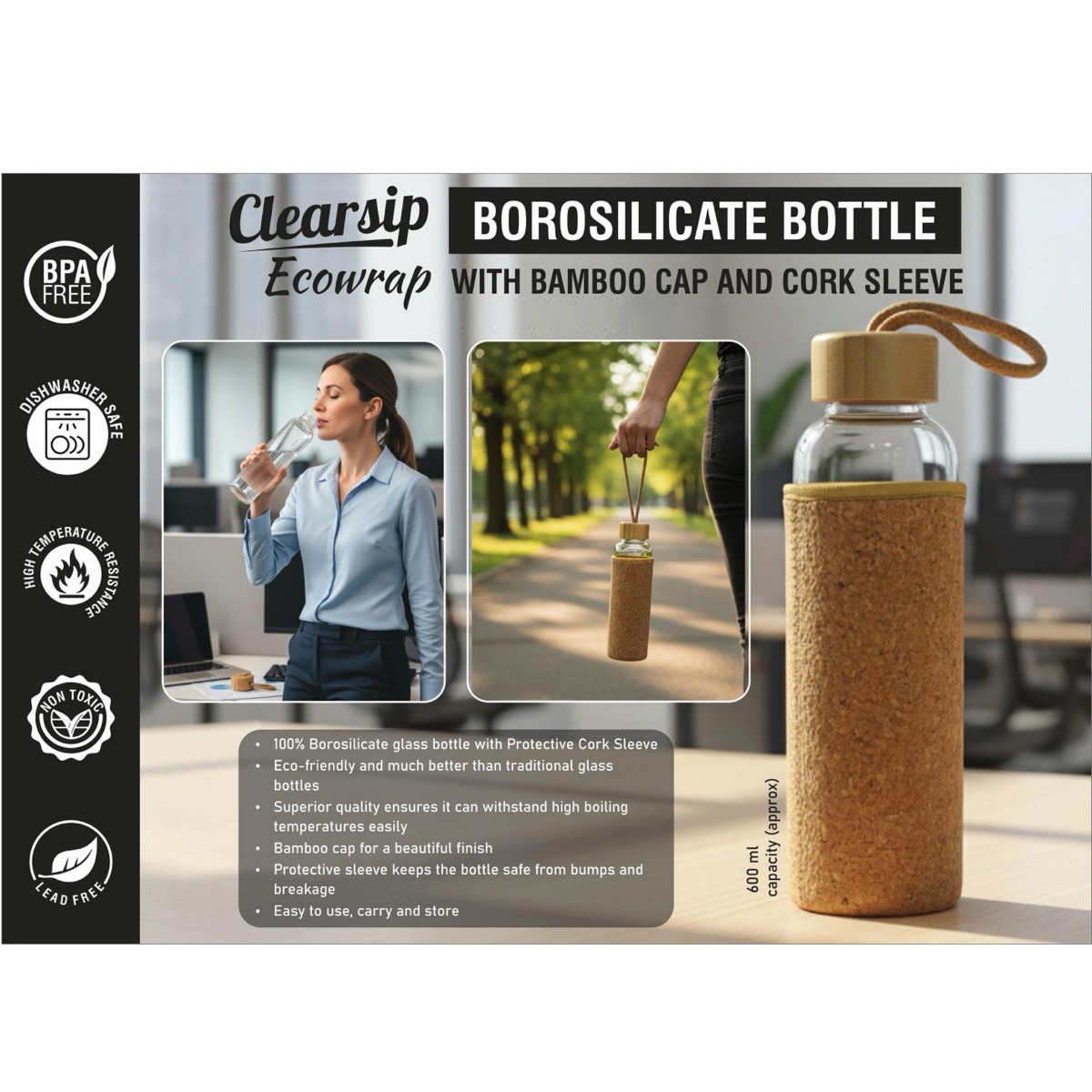 101-H352*ClearSip EcoWrap Borosilicate bottle with Bamboo Cap and Cork sleeve