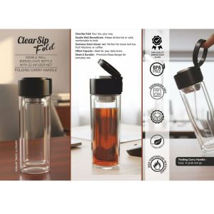 101-H371*ClearSip Fold Double wall Borosilicate bottle with SS infuser Net Folding carry