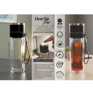 101-H373*ClearSip Pop Double wall Borosilicate bottle with SS infuser Net Single button