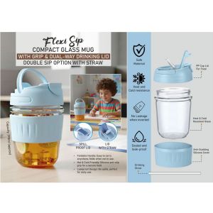 101-H387*FlexiSip Compact Glass Mug with Grip & Dual-Way Drinking Lid Double sip option with