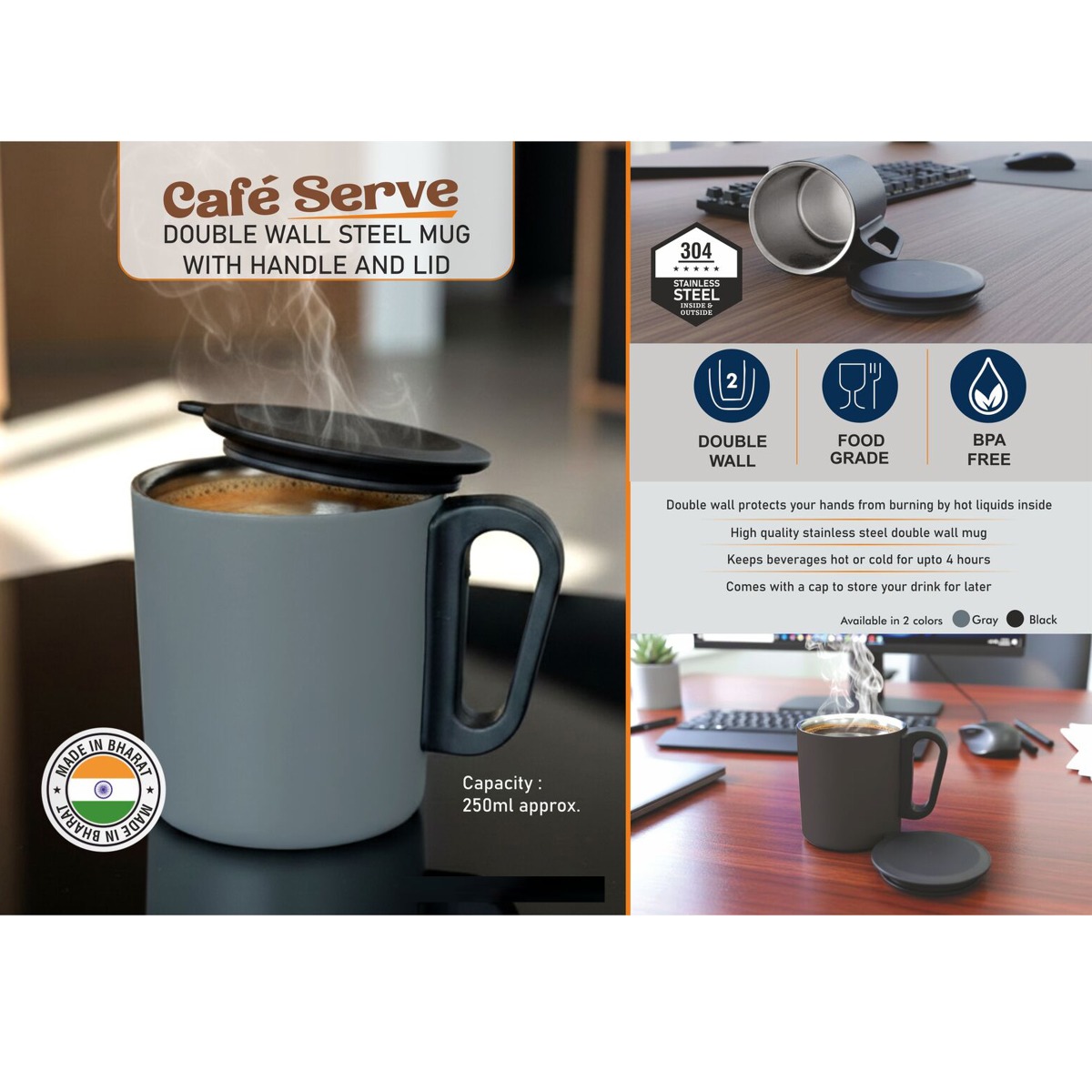 101-H392*Cafe Serve Double wall Steel mug with handle and lid